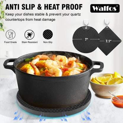 Silicone Trivet Mats - 4 Heat Resistant Pot Holders, Multipurpose Non-Slip Hot Pads for Kitchen Potholders, Hot Dishers, Jar Opener, Spoon Holder, Food Grade Silicone & BPA Free (Black)6