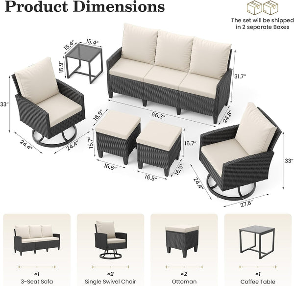 7 Seats Patio Furniture Set, 360° Swivel Chairs, 6 Pieces, Beige5