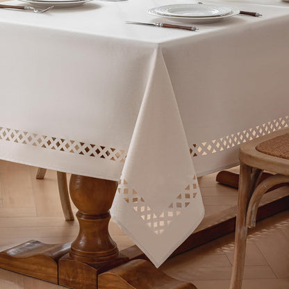 Rectangle Linen Polyester Tablecloth with Decorative Cutouts, Waterproof Tablecloth Wrinkle Free Spring Farmhouse Dining Tables Cover for Dining Party Camping, 60 X 86 Inch, Beige1