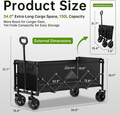 34" Extra Long Collapsible Wagon Cart, 360LBS Capacity, Black2