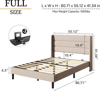 Full Size Bed Frame Linen Upholstered with Wing Headboard, Beige2