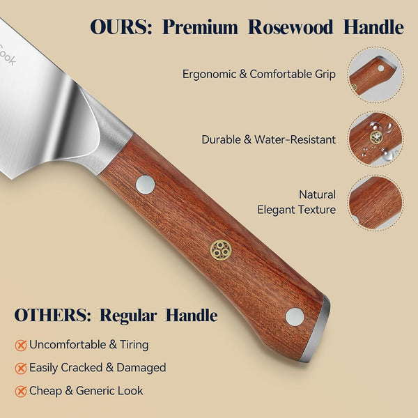 3-Piece Natural Rosewood Handle Kitchen Knife Set W/Bread Knife | Luxury Chef/Bread/Utility Knife Set, Razor-Sharp 5Cr15Mov Steel Blades, Premium Rosewood Handles, Ergonomic Non-Slip Grip5