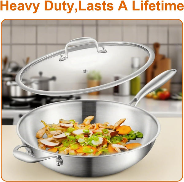 Woks & Stir-Fry Pans, 13 in Stainless Steel Pan with Lid, with Side Ear, Large Cooking Surface, Tri-Ply Stainless Steel Wok Pan, 3 Layer Stainless Steel Saute Pan, Works on Induction, 600℉6