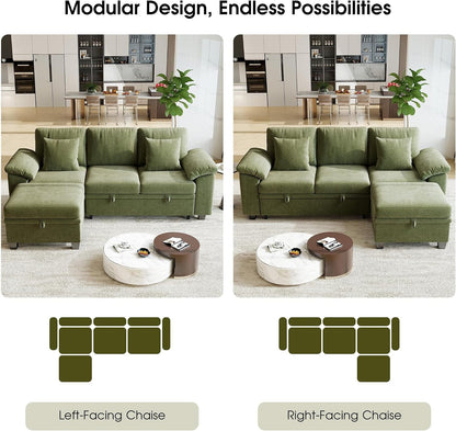 86" Modular Sectional Sleeper Sofa Bed, L Shaped 4 Seat Pull Out Couch with Storage Ottoman, Convertible Cloud Couch Bed, Sectional Couches for Living Room, Apartment (Green)8