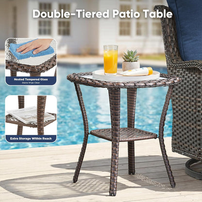 Patio Wicker Chairs Swivel Rocker,Outdoor Patio Furniture Set with Rattan Side Table, All Weather Conversation Set for Porch Poolside Balcony, Brown Wicker/Blue8
