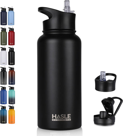 32 Oz Insulated Water Bottle Stainless Steel Double Walled Vacuum Sports Water Bottle with 2 Lids (Straw and Spout Lid) for Gym Camping Hiking(Black,1)1