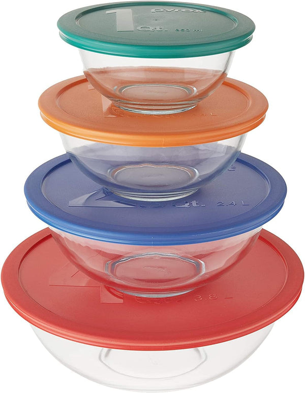 Mixing Bowl Set: 322 1Qt, 323 1.5Qt, 325 2.5Qt, 326 4Qt Glass Bowls with 322-PC Green, 323-PC Orange, 325-PC Cadet Blue & 326-PC Red Lids - Made in USA4