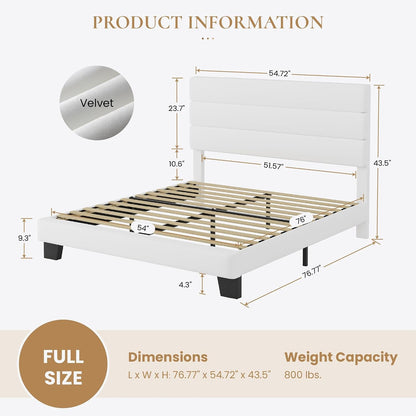 Full Platform Bed Frame with Upholstered Velvet Headboard, White2