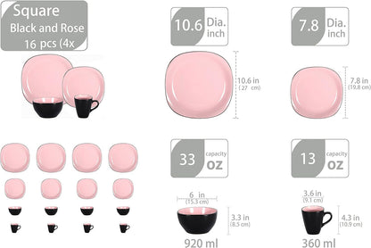 Stoneware Square 16Pc Dinnerware Set, inside Shiny Rose + outside Matte Black2