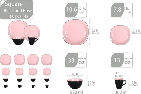 Stoneware Square 16Pc Dinnerware Set, inside Shiny Rose + outside Matte Black2
