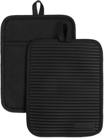 Ribbed Soft Silicone Pot Holder 2-Pack Set, Matte Black, 7"X9"1