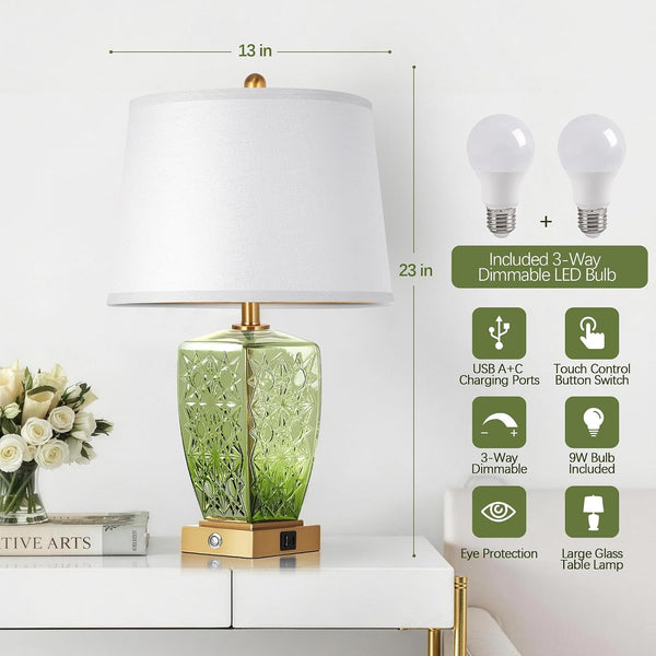 23" Glass Table Lamps Set of 2, Bedside Lamp for Bedroom, Green5