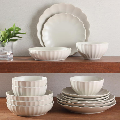 Malibu Shore 16 Piece Scalloped Edge Stoneware Matte Reactive Glaze (Service for 4) Ceramic Plates and Bowls Dinnerware Set - Cream White6