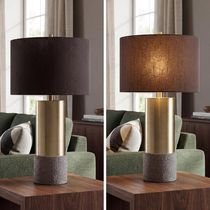 Signature Design by Ashley Jacek Contemporary Table Lamp Set of 2 | Textured Faux Concrete and Brass-Finished Metal, Black Drum Shade with Goldtone Foil Interior, Living Room and Bedside Use7