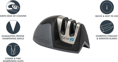 50009 Edge Grip 2-Stage Knife Sharpener, Black, Coarse & Fine Sharpeners, Compact for Easy Storage, Stable Non-Slip Base, Soft Grip Rubber Handle, Straight & Serrated Knives2