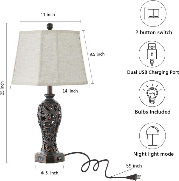 Set of 2 Farmhouse Table Lamps for Living Room with USB C+A Ports6