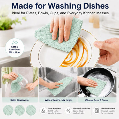 12 Pack Dish Cloths for Washing Dishes | Super Absorbent Microfiber Kitchen Dish Rags, Fast Drying Coral Velvet Dish Cloths for Kitchen Counter and Dishes, Green-Grey3