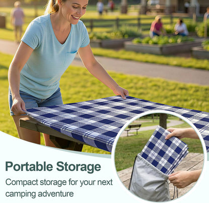 Picnic Table Cover with Bench Covers Camping Essentials Waterproof Windproof Camping Tablecloth with Drawstring Bag, Fitted Rectangle Tables and Seats, 72In, Blue Checkered6