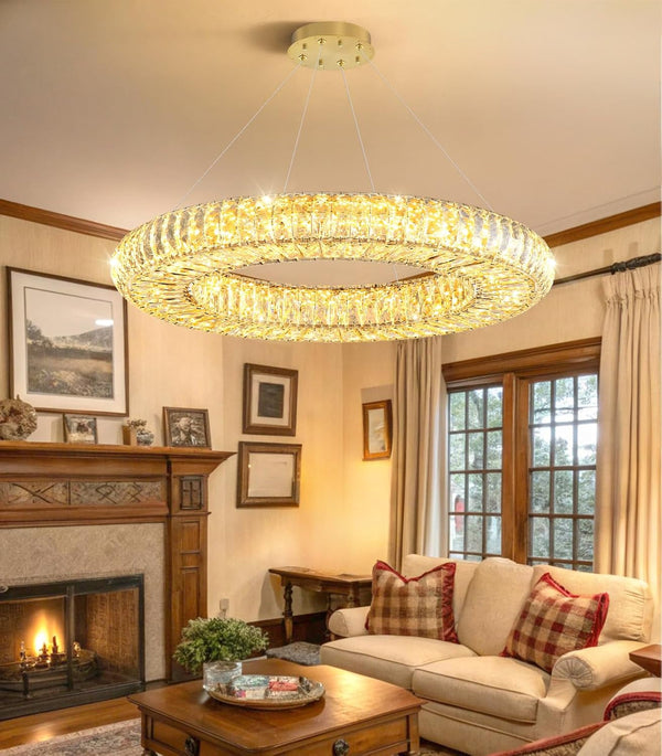23.6'' Modern LED Ring Pendant Light Dimmable Crystal Chandelier for Dining Room Living Room Bedroom Gold2