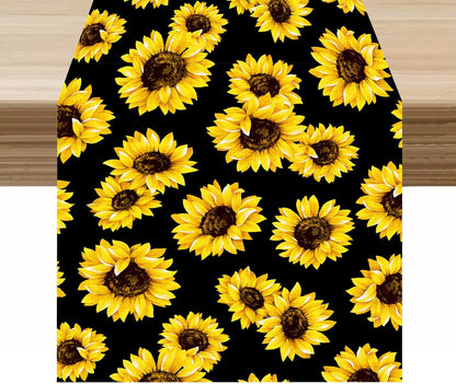 Sunflower Table Runner Retro Flower Sunflowers Black Background Decor for Indoor Outdoor Party Wedding Dinner Festivals Farmhouse Homes Kitchen Dining Room, 13X90In1