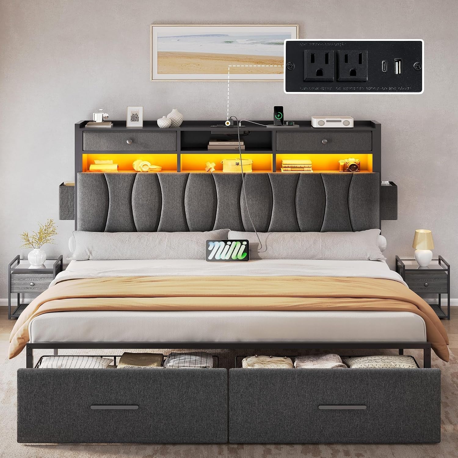 king-size-bed-frame-with-2-storage-drawers-and-charging-station