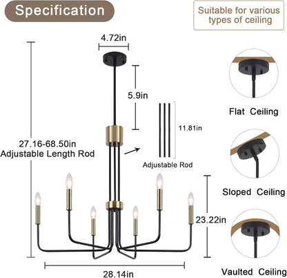 6-Light Black and Gold Chandelier Modern Chandeliers for Dining Room Candle Farmhouse Light Fixtures over Table Living Room Bedroom Kitchen Island Entryway Foyer Lighting Fixtures E125