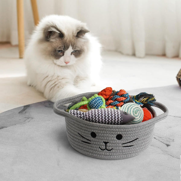 Small Cat Toy Basket, 10”X10”X4” Gray Cotton Rope Storage Bin with Handles, Woven Cat Organizer Box for Indoor Pets, Cute Kitty Easter Basket Gifts Empty, Living Room Nursery Decor4