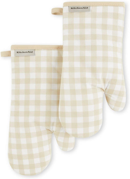 Gingham Oven Mitt 2-Pack Set, Milkshake Tan, 7"X13"1