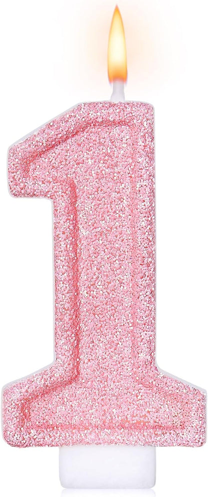 Cute Number 1 Birthday Candle, Glitter Pink Number Candles, First Birthday Cake Topper Decoration, Party Supplies Anniversary Celebrations1