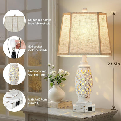 Lamps for Night Stands Set of 2-23.5" Bedside Lamp with USB A+C and Nightlight - Rustic Farmhouse Table Lamp for Bedrooms, End Tables, Living Room - French Country Decor, Bulbs Included, Cream6