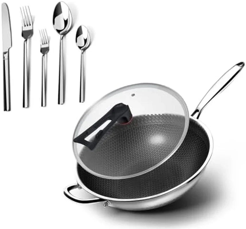 5-piece-stainless-steel-flatware-set-and-coating-free-hybrid-stainless-steel-wok-with-lid-12-6-flat-bottom-stir-fry-pan