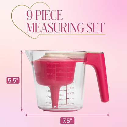 9-Piece Measuring Set, Durable Plastic Measuring Cups and Spoons with Funnel and Leveler, Dishwasher Safe, Pink6