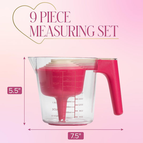 9-Piece Measuring Set, Durable Plastic Measuring Cups and Spoons with Funnel and Leveler, Dishwasher Safe, Pink6