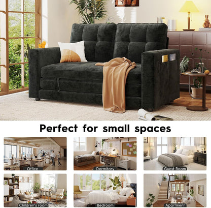 55" Convertible Folding Sofa Bed, Pull Out Couch Love Seat Sleeper Bed, Small Fold Out Loveseat Sleeper with Cup Holder and Pillow for Small Space, Bedroom Lounge, Dorm, Living Room(Black Chenille)7