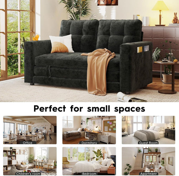 55" Convertible Folding Sofa Bed, Pull Out Couch Love Seat Sleeper Bed, Small Fold Out Loveseat Sleeper with Cup Holder and Pillow for Small Space, Bedroom Lounge, Dorm, Living Room(Black Chenille)7