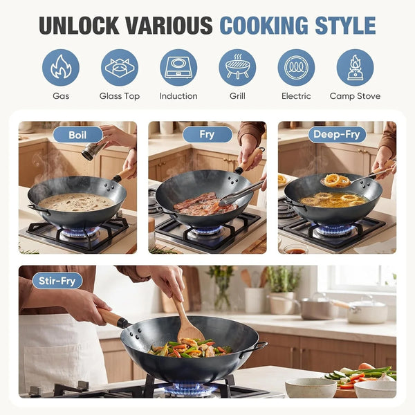 13.5" Carbon Steel Wok Pan, No Chemical Coating, Pre-Seasoned Flat Bottom Pow Wok for Family Meals and Camping, Compatible with Induction, Electric, Gas, Open Fire, Black5
