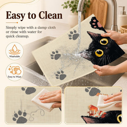 Dining Table Placemats Set of 6, Black Cat Paw Linen Table Mats 12 X 18 Inch, Washable Waterproof Stain Resistant Reusable Place Mats for Kitchen, Home Party Decor, Daily Use4