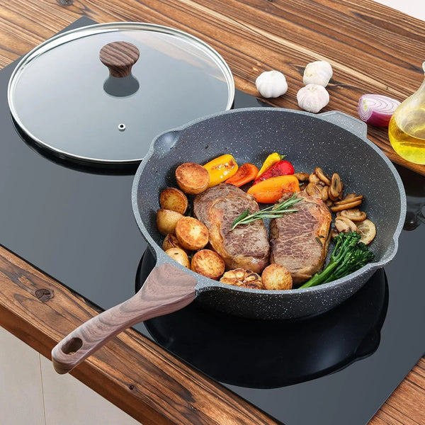 Nonstick Deep Frying Pan Skillet, 12-Inch Saute Pan with Lid, Stay-Cool Handle, Chef Pan Healthy Stone Cookware Cooking Pan, Induction Compatible, PFOA Free8