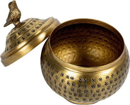Round Hammered Metal Container with Bird Finial, Brass Finish7