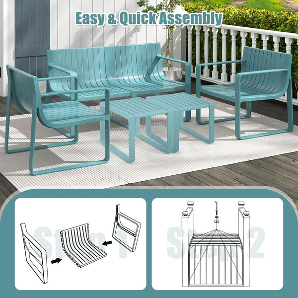 5-Piece Patio Furniture Set, Outdoor Conversation Set W/1 Loveseat, 2 Patio Chairs & 2 Side Tables, All-Weather Patio Bistro Set for Lawn, Backyard, Poolside, Balcony, Garden, Deck (Blue)6