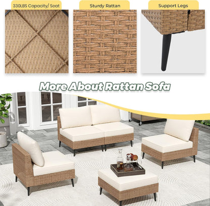5 Pieces Outdoor Patio Furniture Set, Wicker Sectional Sofa Couch, Rattan Conversation Sets with Cushions for Deck, Backyard, Porch (Khaki)5