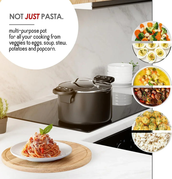 Pasta Pot with Strainer Lid - 5 Quart Multipurpose Stock Pot, Simmer Spaghetti Pot with Pasta Strainer Lid - Twist & Lock Handles, Nonstick Ceramic Stainless Steel Pot, Tempered Glass Lid Black5