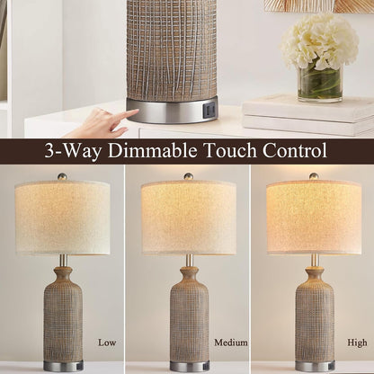 Living Room Lamps Set of 2, 27" Touch Lamps for Nightstand with USB A+C Ports, Modern Farmhouse Table Lamps for Bedroom, Wood Grain, Ceramic2