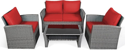 4 Pieces Patio Rattan Furniture Set, Outdoor Wicker Sofa Set with Tempered Glass Coffee Table, Cushions, All Weather Rattan Conversation Set for Yard Balcony Backyard Pool (Red)1