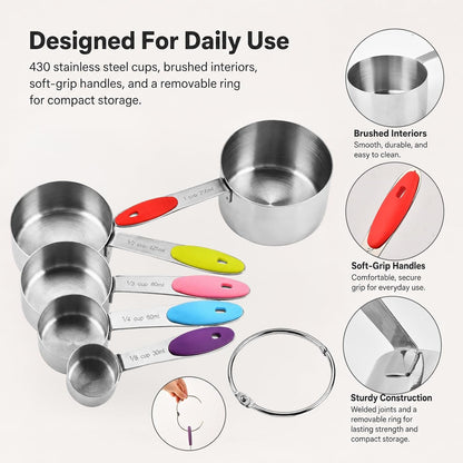 5-Piece Stainless Steel Measuring Cups with Non-Slip Handles, Kitchen Measuring Cups for Dry & Liquid Ingredients, Cooking & Baking, 1/8, 1/4, 1/3, 1/2 & 1 Cup, Colorful5