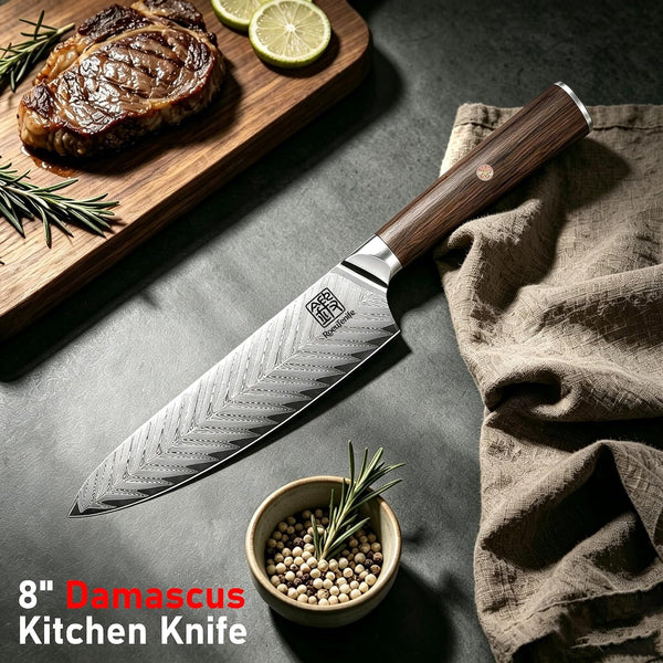 Japanese Chef Knife 8 Inch, 67 Layers Damascus Knife VG10 Steel Core, Hand Sharpened 10-12° Sharp Edge, Professional Kitchen Knife with Rosewood Handle and Gift Box for Meat & Vegetable Cutting5