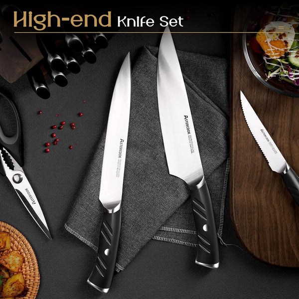 Knife Set, Kitchen Knives Set with Block and Dual Sharpener Full Tang 15 Pcs German Stainless Steel Knives Sharp Blade Dishwasher Safe Knife Set with Ergonomic Handle, Elegant Black8