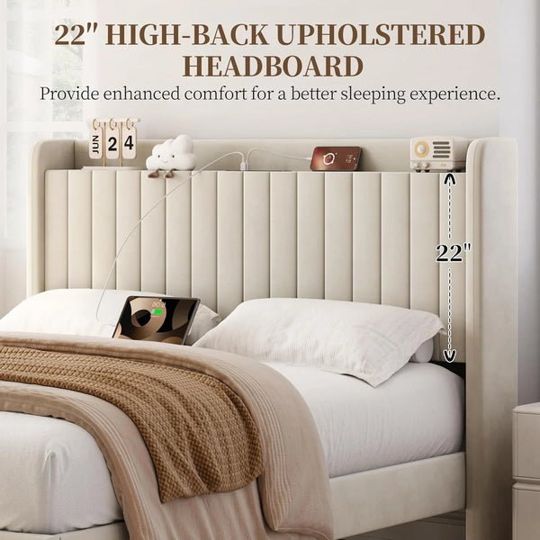Queen Bed Frame with Channel-Tufted Storage Headboard, Cool Beige6