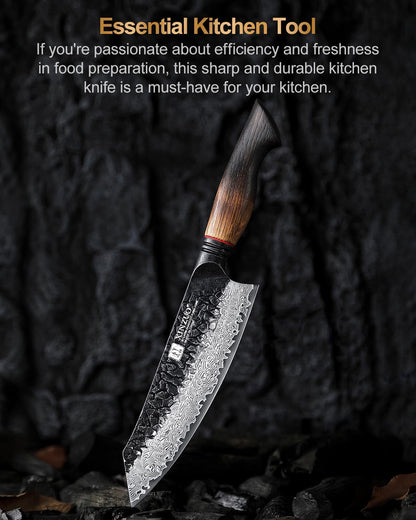 7.6 Inch Sharp Damascus Santoku Knife,Professional 67 Layers Damascus Steel Kitchen Meat Knife for Home and Kitchen,10Cr15Comov Steel Core,With White Oak + Red G10 Gasket Handle9