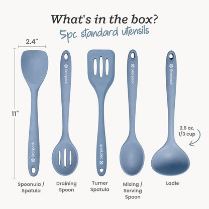 Starpack Stir and Serve Silicone Cooking Utensils Set (5-Piece, 11") - LFGB Non Toxic, 600°F Heat Resistant, Bpa-Free - One-Piece Seamless, Dishwasher Safe - for Nonstick Cookware, Light Blue3